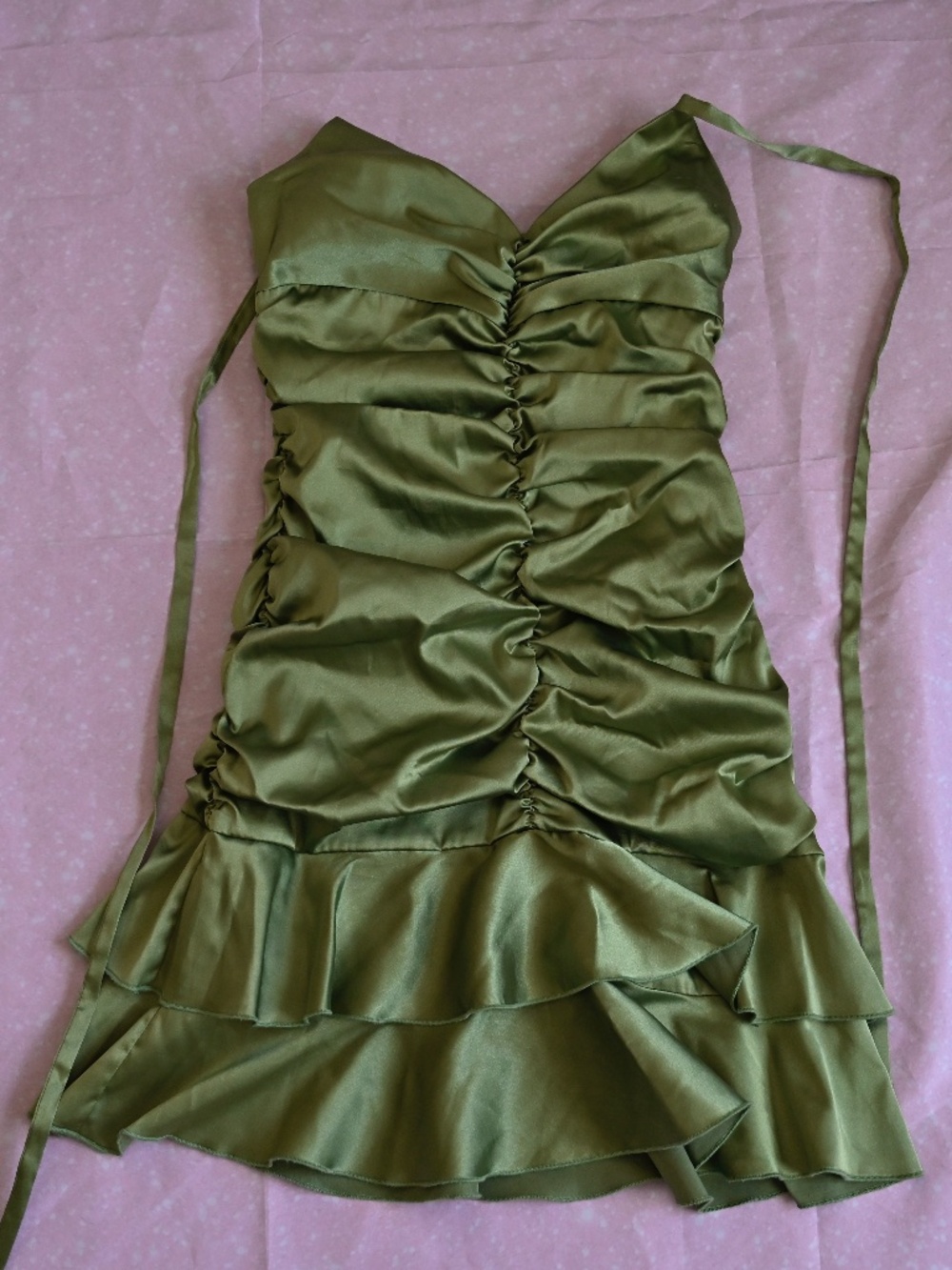 90s Jessica McClintock Green Satin Ruched Halter Mini Dress – Size 6